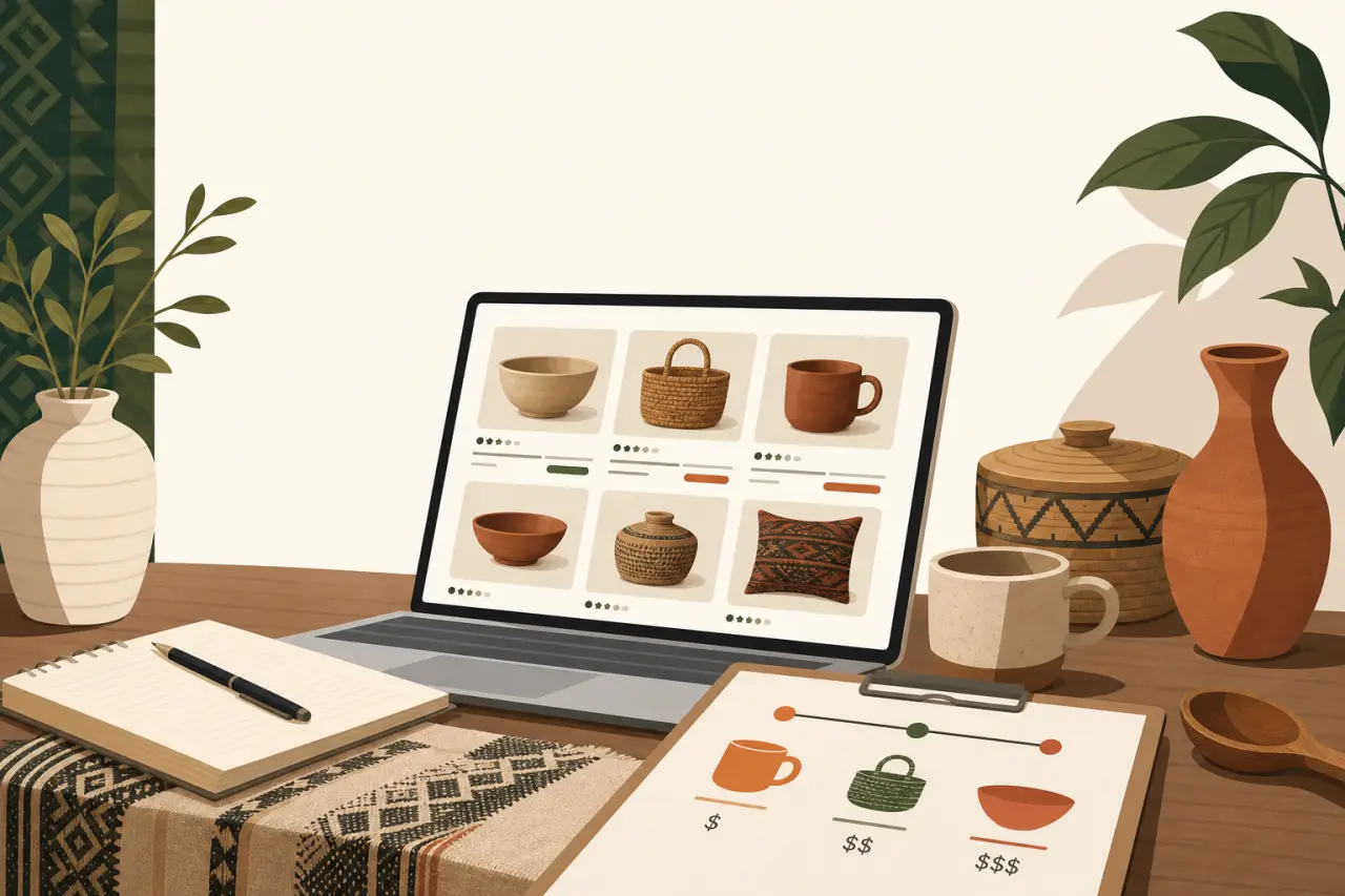 Illustrated workspace with a laptop displaying a product grid of handmade pottery, baskets, and textiles alongside a pricing chart and notebook, visua