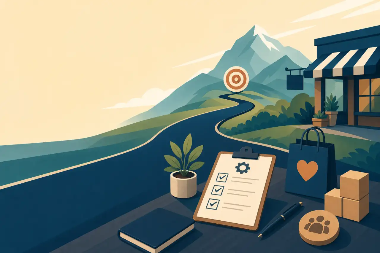 Illustrated banner symbolizing small business growth strategies, featuring a winding road leading from a storefront to a target on a mountain, alongsi