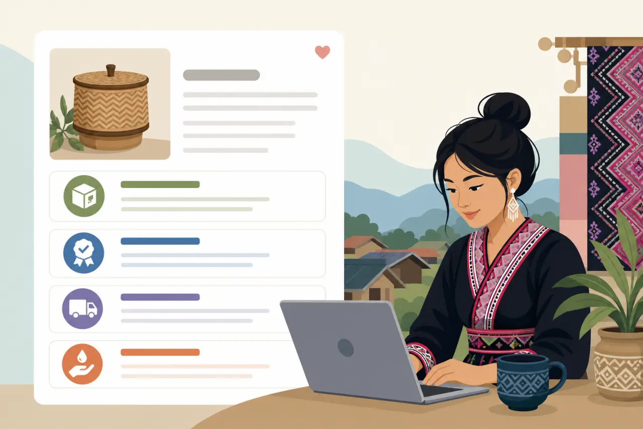 Illustration of a woman in traditional embroidered attire using a laptop beside a product listing panel that reflects an item description policy with