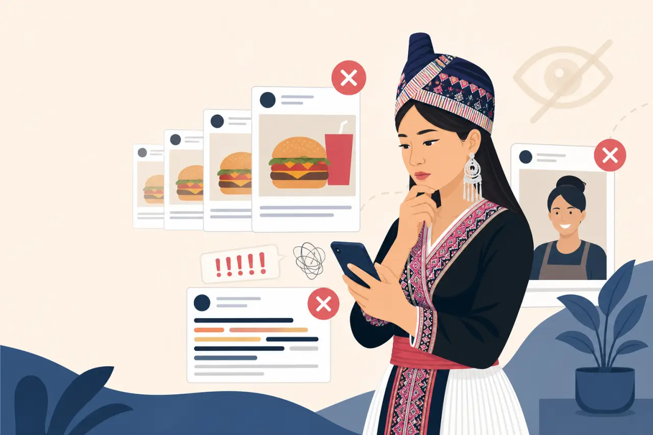 Illustration of a woman in traditional headwear and embroidered attire looking skeptically at her phone amid crossed-out ad cards and burger promotion