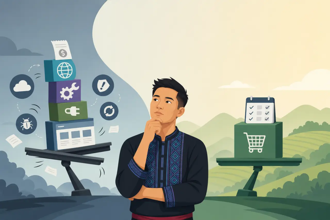 Illustration of a thoughtful man weighing Shopify vs WordPress for small business, flanked by stacked icons representing website maintenance, bugs, an