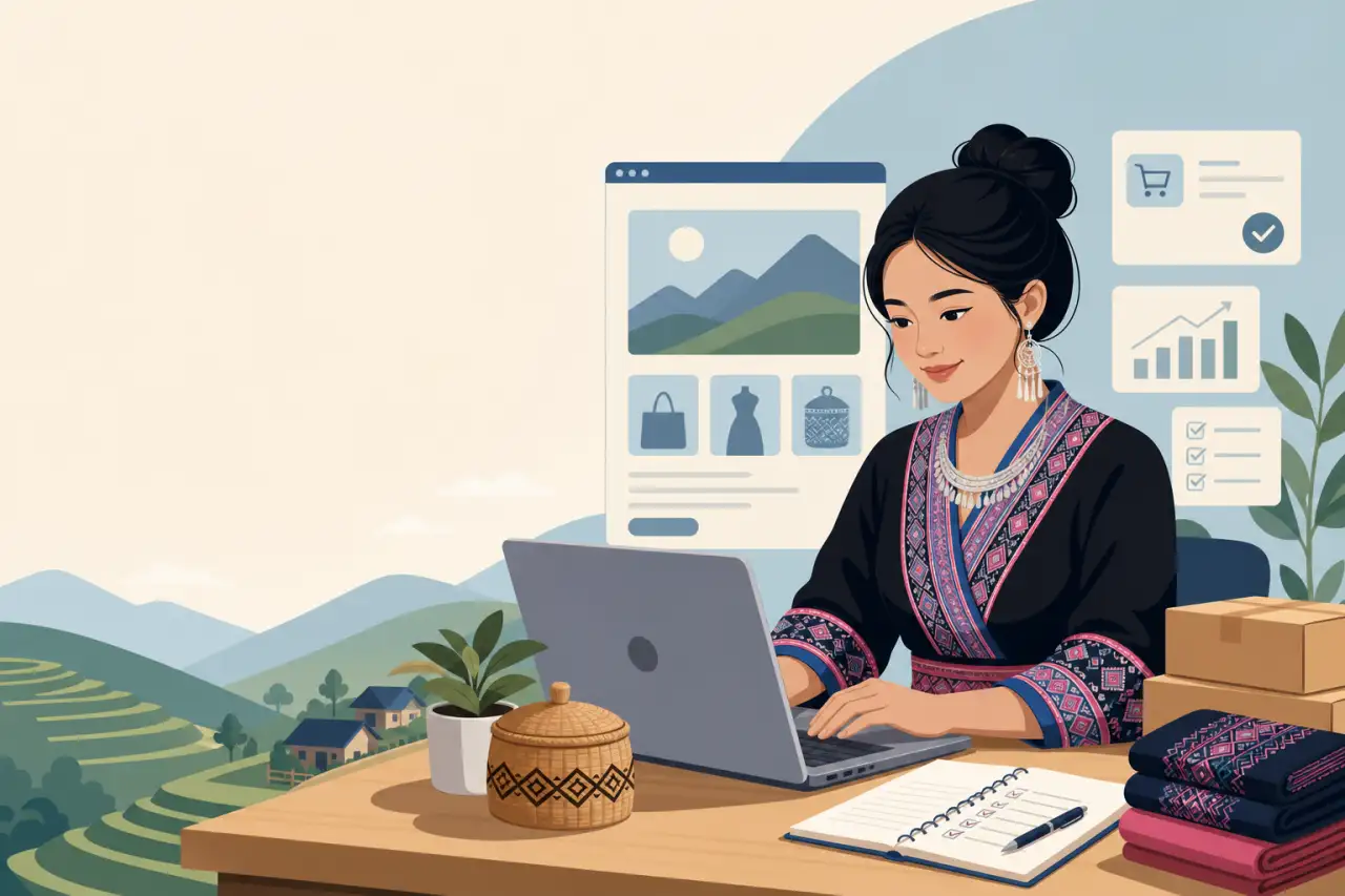 A woman in traditional embroidered attire types on a laptop displaying an online storefront, surrounded by handwoven textiles, baskets, shipping boxes