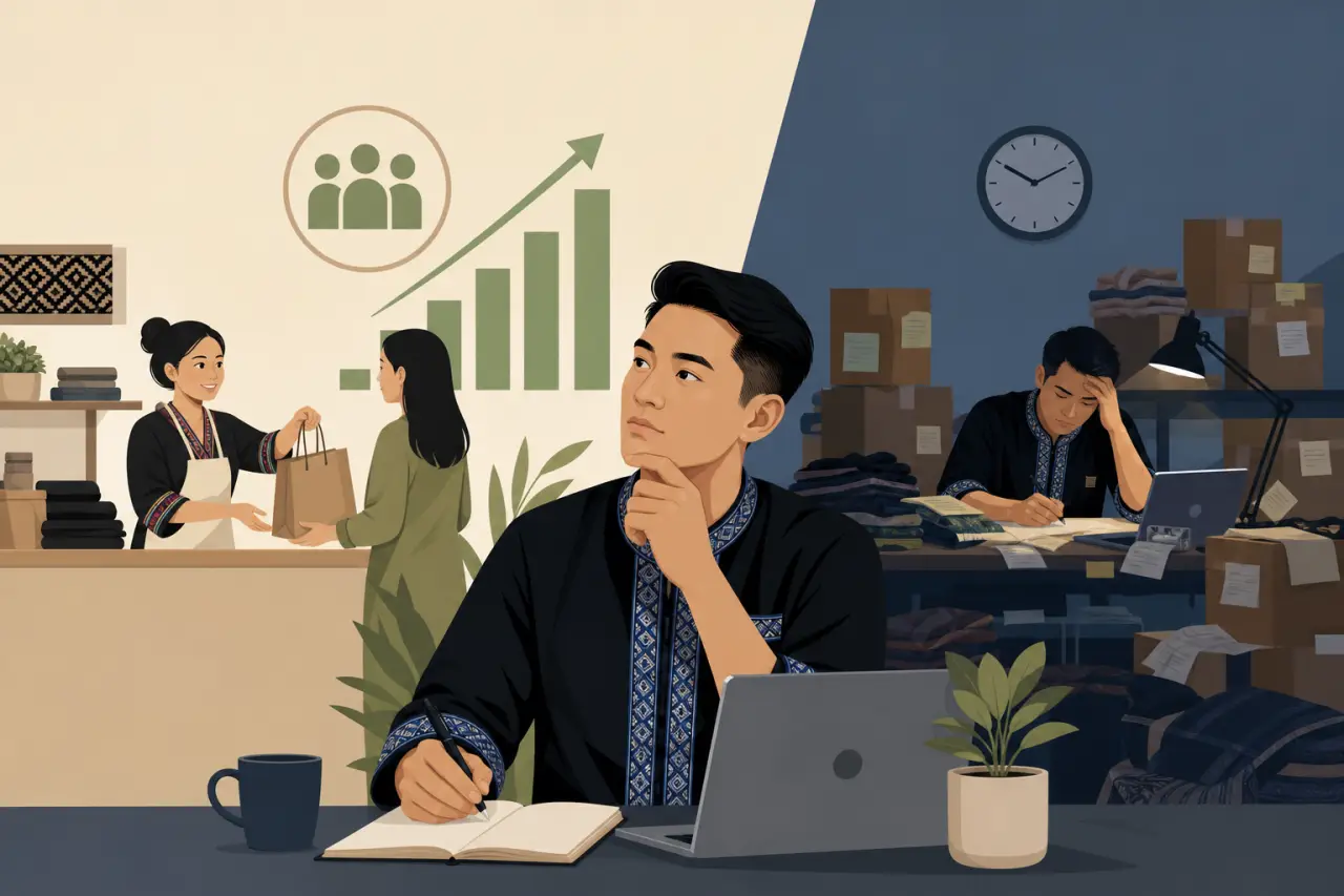 Split-scene illustration contrasting a bright daytime shop with a rising sales graph and a dimly lit nighttime workspace stacked with boxes, symbolizi