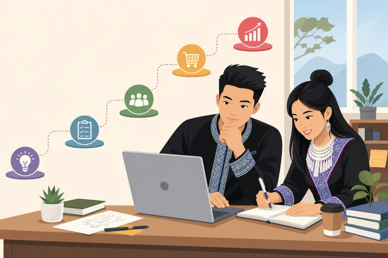 Illustration of two students in traditional embroidered attire working at a laptop with icons for ideas, planning, teamwork, shopping, and growth, sym