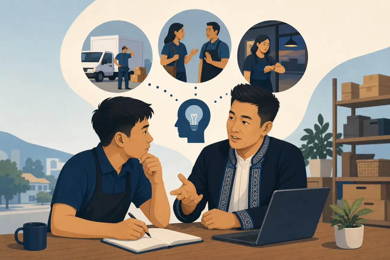 Illustration depicting leadership development for small business, showing two employees discussing logistics scenarios—delivery, teamwork, and closing