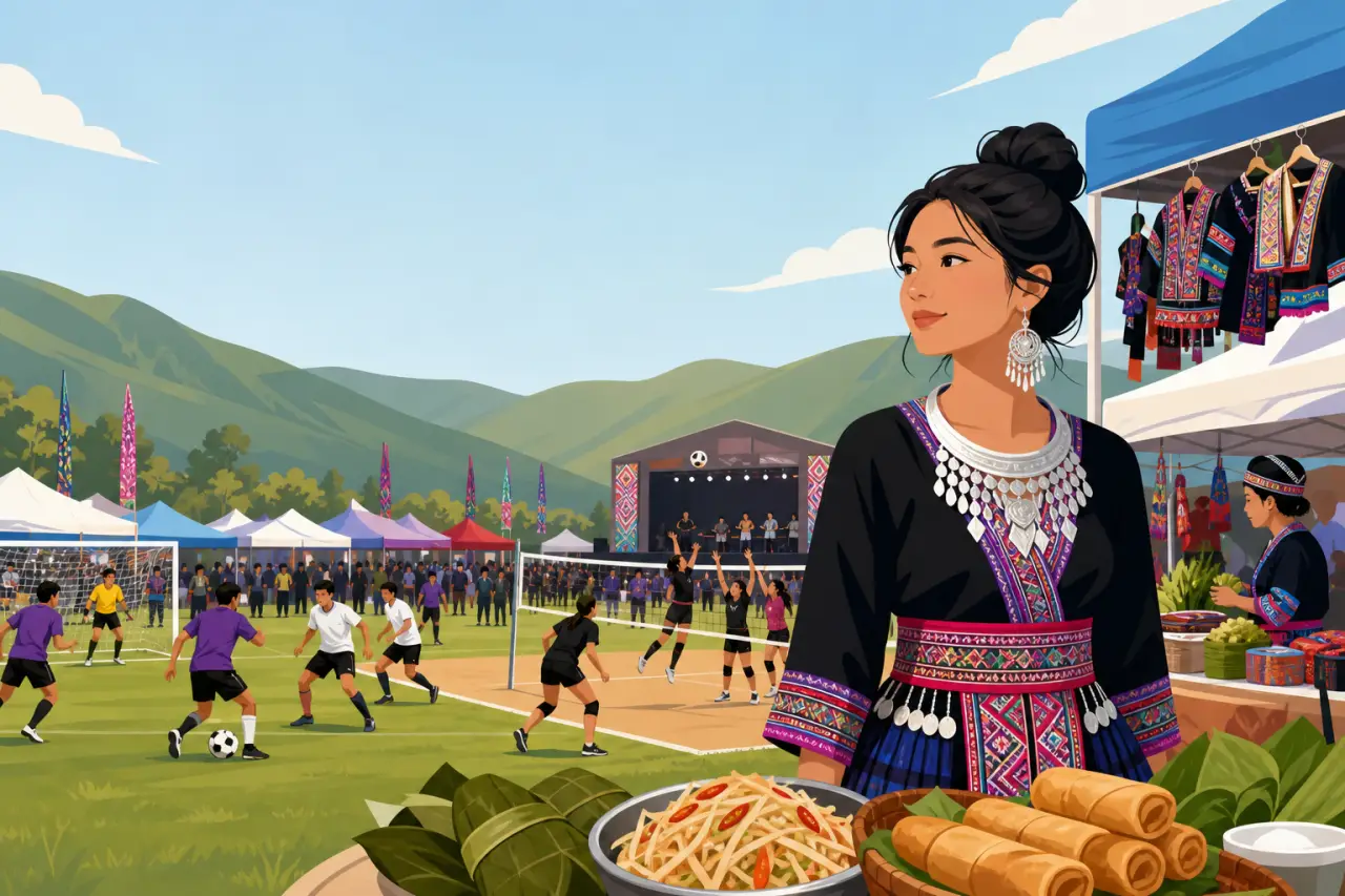 A woman in traditional silver jewelry and embroidered attire stands beside food stalls at a festival grounds with soccer and volleyball games in progr