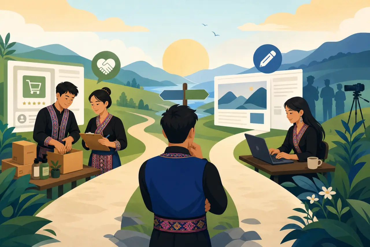 Illustration of a person in traditional dress standing at a forked path, symbolizing the decision of Shopify vs WordPress for small business, with one
