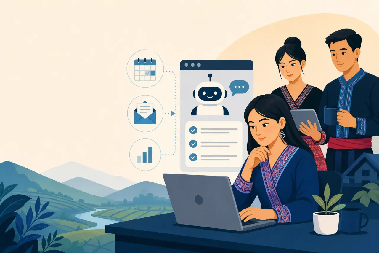 Illustration of three people in traditional attire using a laptop and tablet beside icons of a calendar, email, and chart connected to a chatbot inter