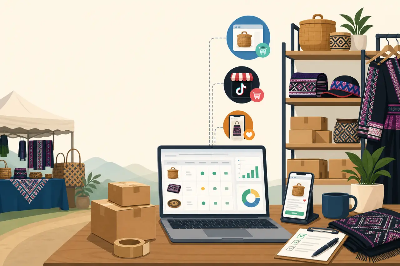 Illustration showing a craft seller's desk with a laptop dashboard, shipping boxes, woven baskets, and embroidered textiles connected to online shop i