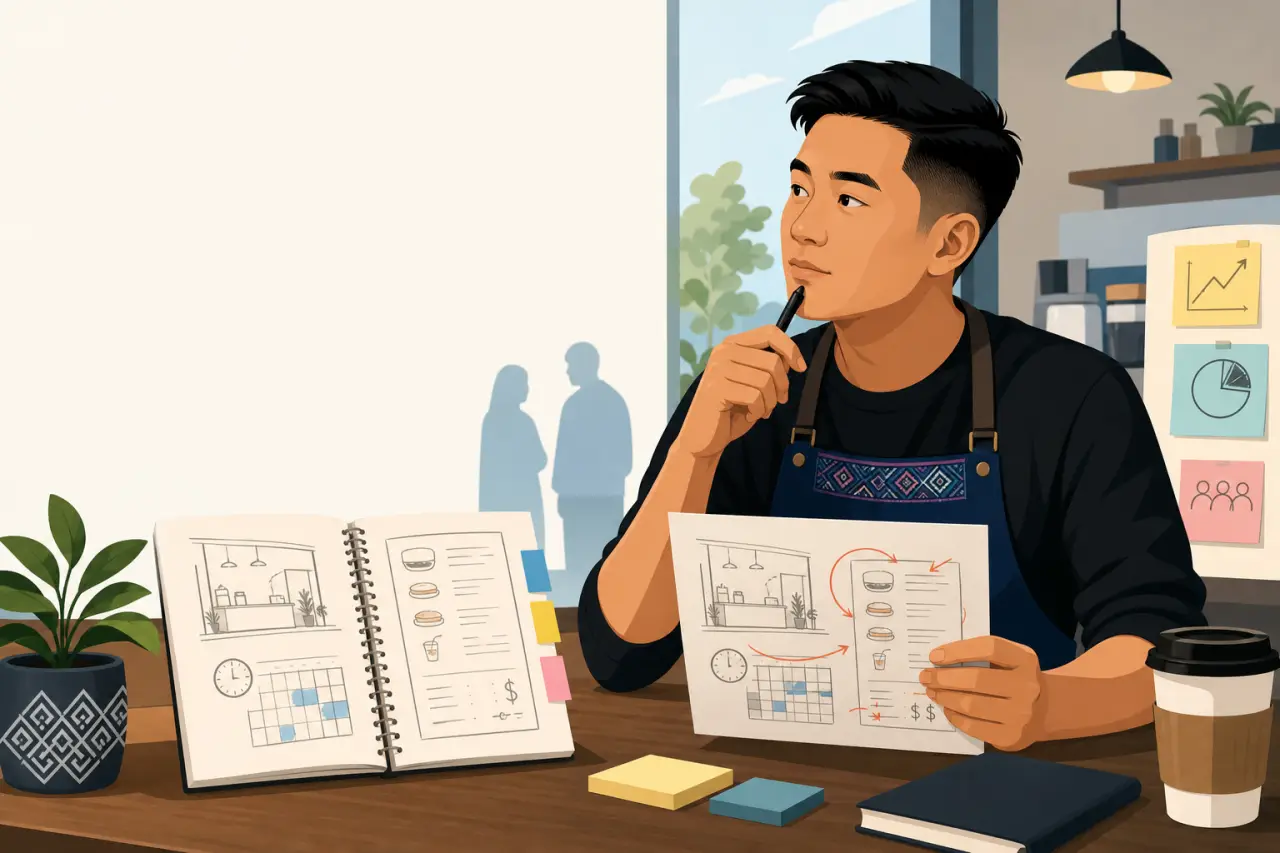 A young cafe owner in an apron thoughtfully reviews sketched diagrams and a planner filled with sticky notes, illustrating small business success fact