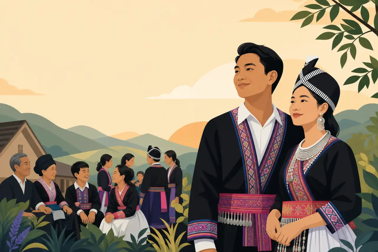 Illustrated Hmong couple in traditional black and embroidered attire stand before a village gathering in green hills, reflecting Hmong community value