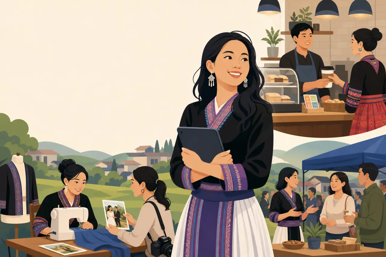Illustration of a woman in traditional embroidered attire holding a tablet, surrounded by scenes of a tailor, coffee shop, and market vendors, symboli