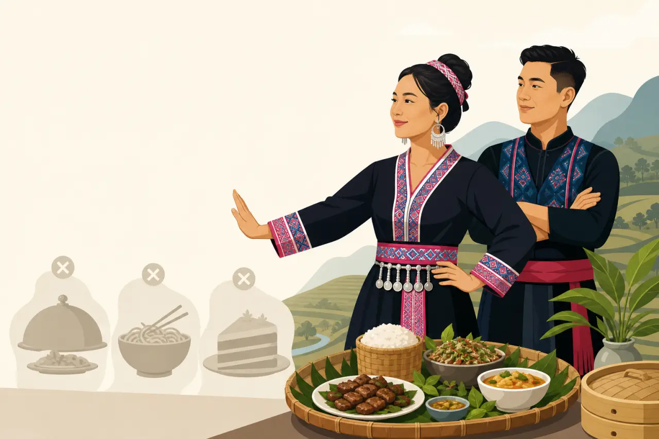 Illustration of a couple in traditional embroidered dress presenting a woven tray of rice, grilled meat, and vegetable dishes while rejecting generic