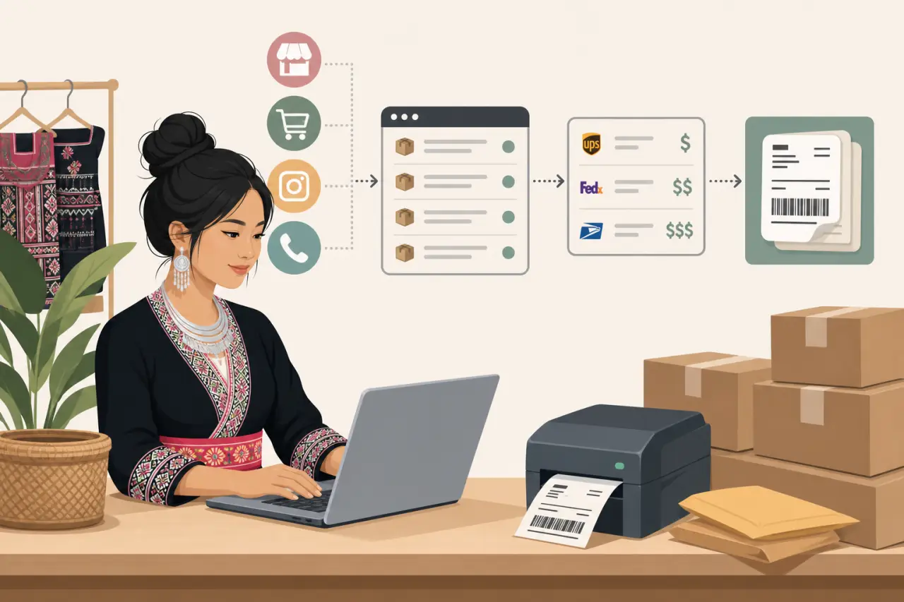 Illustration of a seller in traditional embroidered attire using a laptop connected to marketplace, cart, social media and phone icons, with shipping