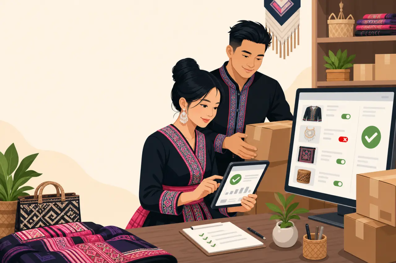 Illustration of a couple in traditional embroidered attire reviewing a tablet checklist and computer screen displaying product toggles, following mark