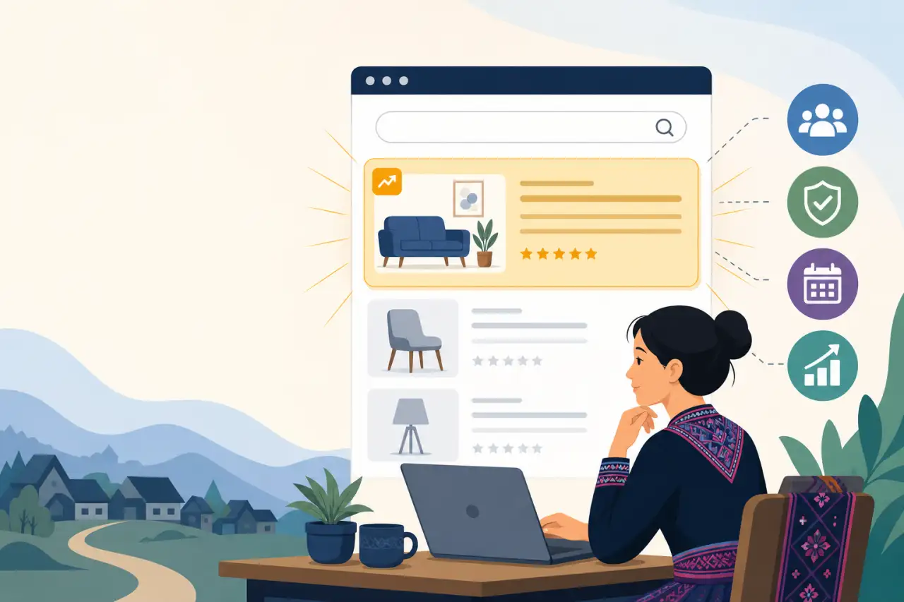 Illustration of a woman browsing an e-commerce search page on her laptop, where a highlighted sponsored listing placement featuring a blue sofa with f