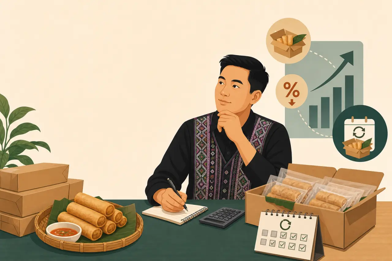 Illustration of a man in traditional batik attire thoughtfully writing in a notebook beside packaged spring rolls, a calculator, and growth-chart icon