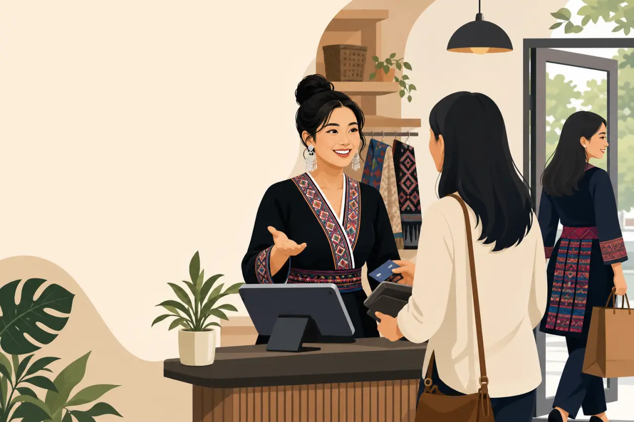 Illustration of a smiling shop assistant in traditional embroidered attire handing a card reader to a customer at checkout, showcasing customer loyalt