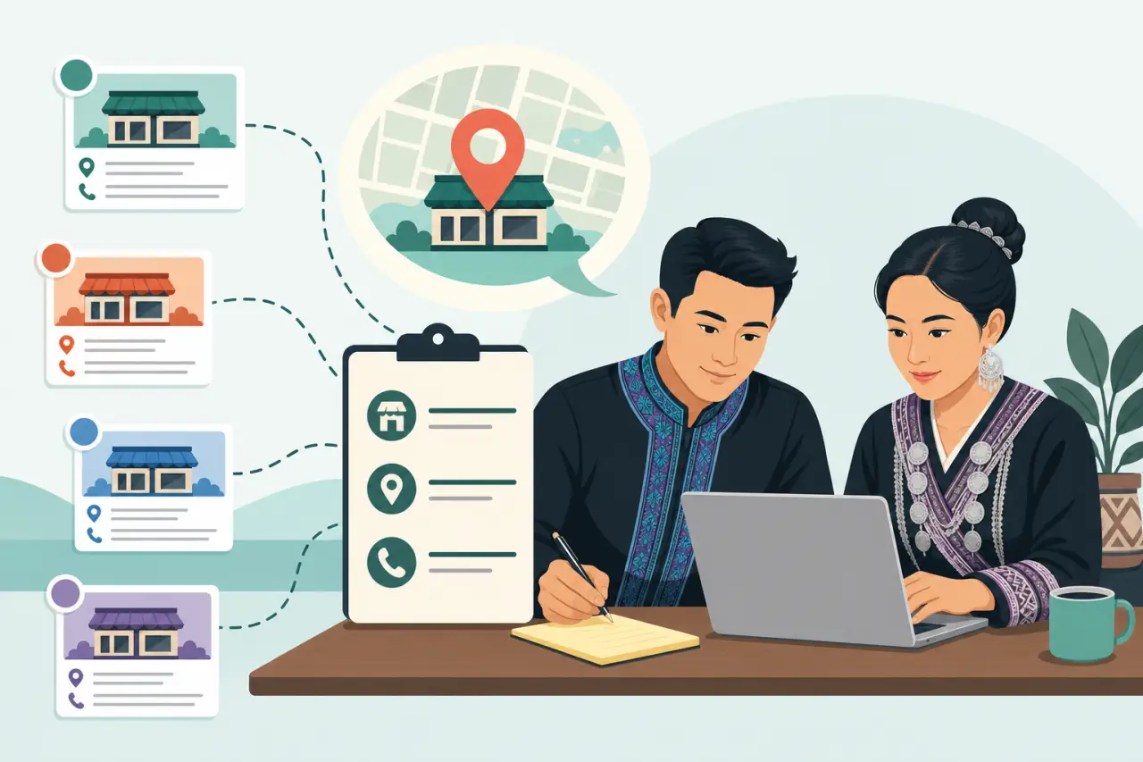 Illustration of a man and woman in traditional attire reviewing a laptop and checklist, surrounded by storefront listing cards and a map pin, symboliz