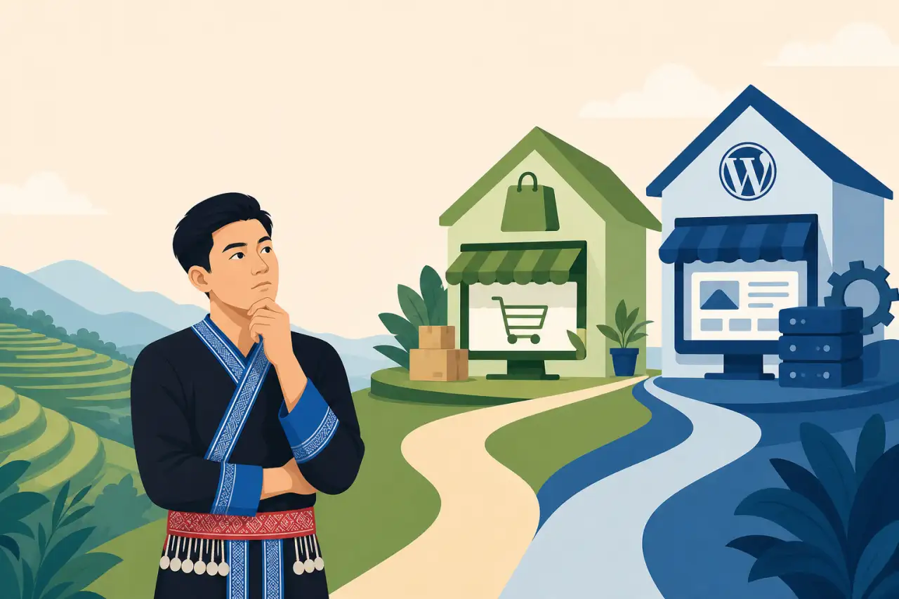 A thoughtful man in traditional attire stands before terraced hillsides, facing two paths leading to storefront icons that symbolize the choice of Sho