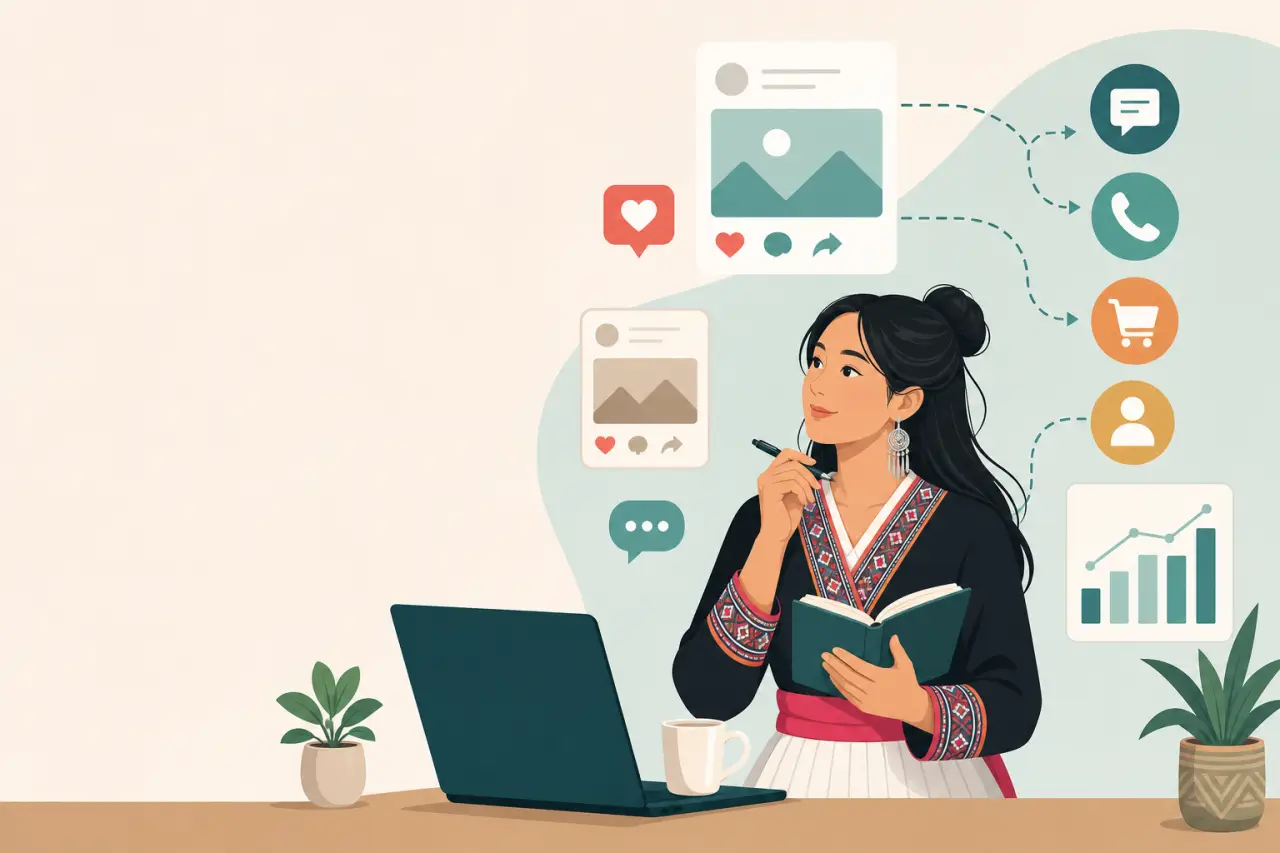 Illustration of a woman in traditional Hmong attire holding a notebook and pen at a laptop, surrounded by social media, chat, cart, and growth-chart i