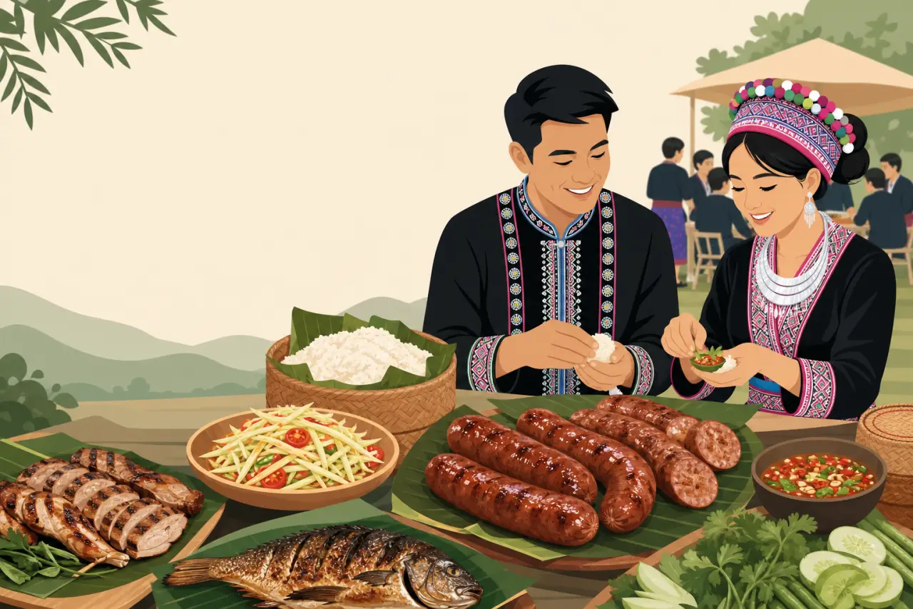 Illustration of a couple in traditional Hmong embroidered attire sharing sticky rice, grilled fish, papaya salad, and grilled links that reflect the H