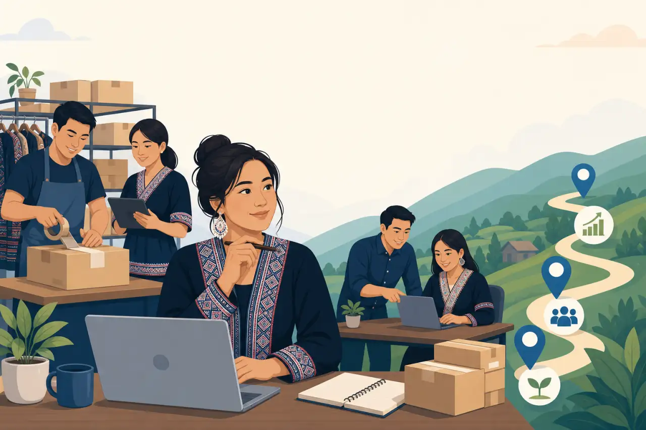 Illustrated team in traditional embroidered attire packs boxes and works on laptops beside a winding path with growth icons, symbolizing steps to grow