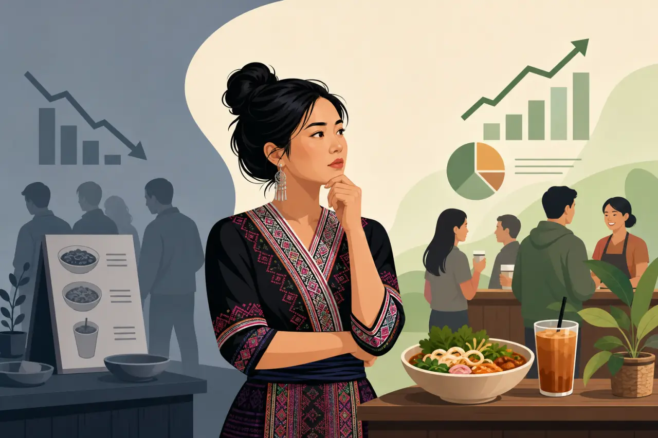 Illustration split between a declining sales chart with an empty café on the left and a thriving coffee shop with rising growth charts on the right, s