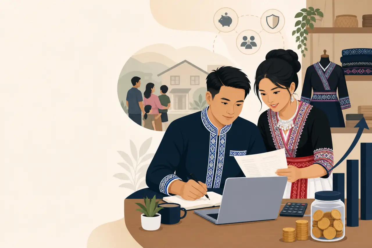 Illustration of a couple in traditional attire reviewing documents and a laptop at a shop counter with coins, a growth chart, and a family home though