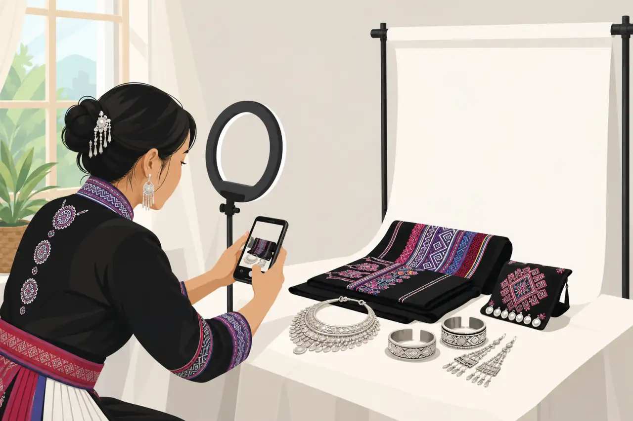 Illustration of a woman in traditional embroidered attire using a smartphone and ring light to capture product listing photos of silver jewelry, a pat