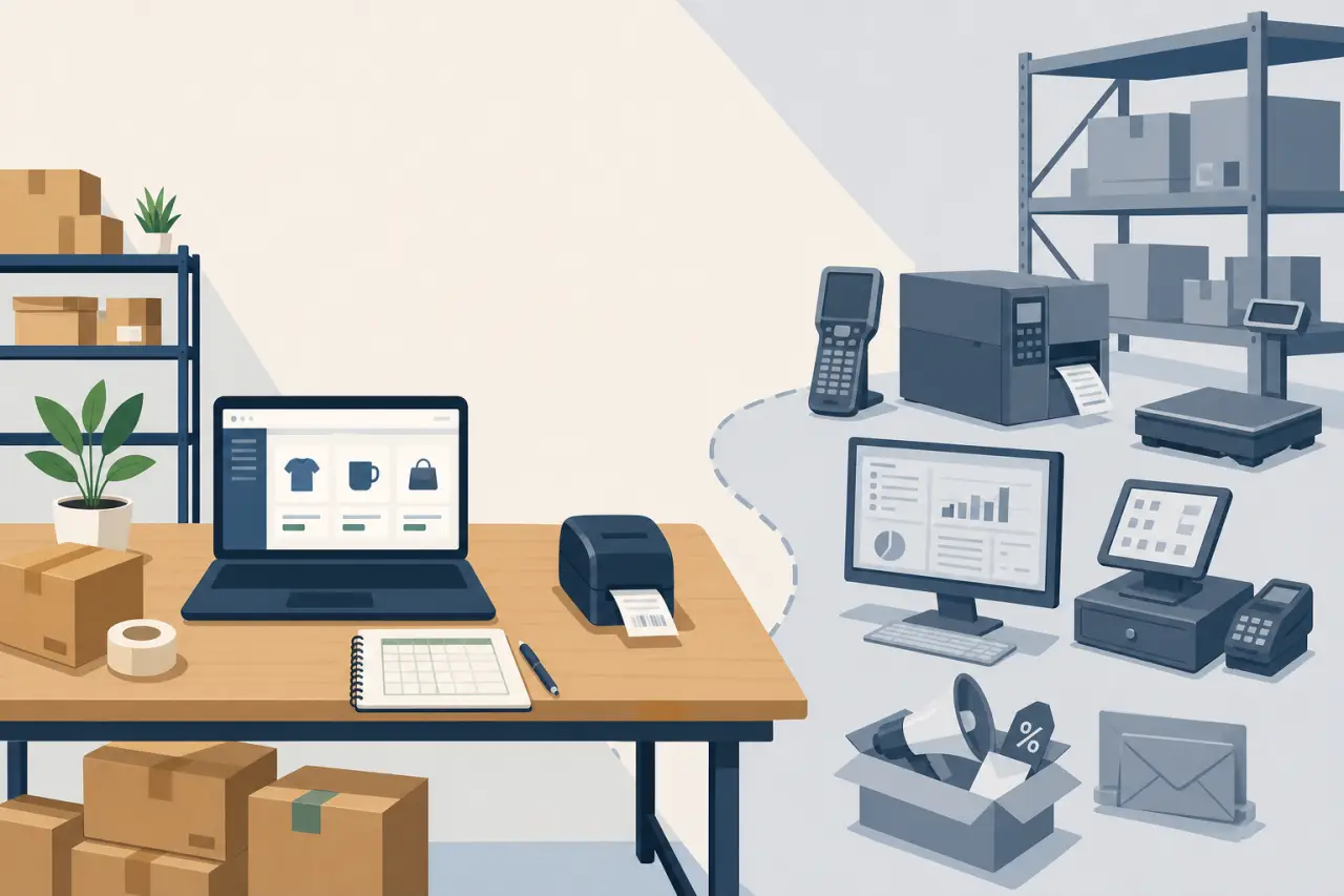 Illustration of a desk with an online store on a laptop, label printer, and shipping boxes beside grayscale icons representing ecommerce hardware and