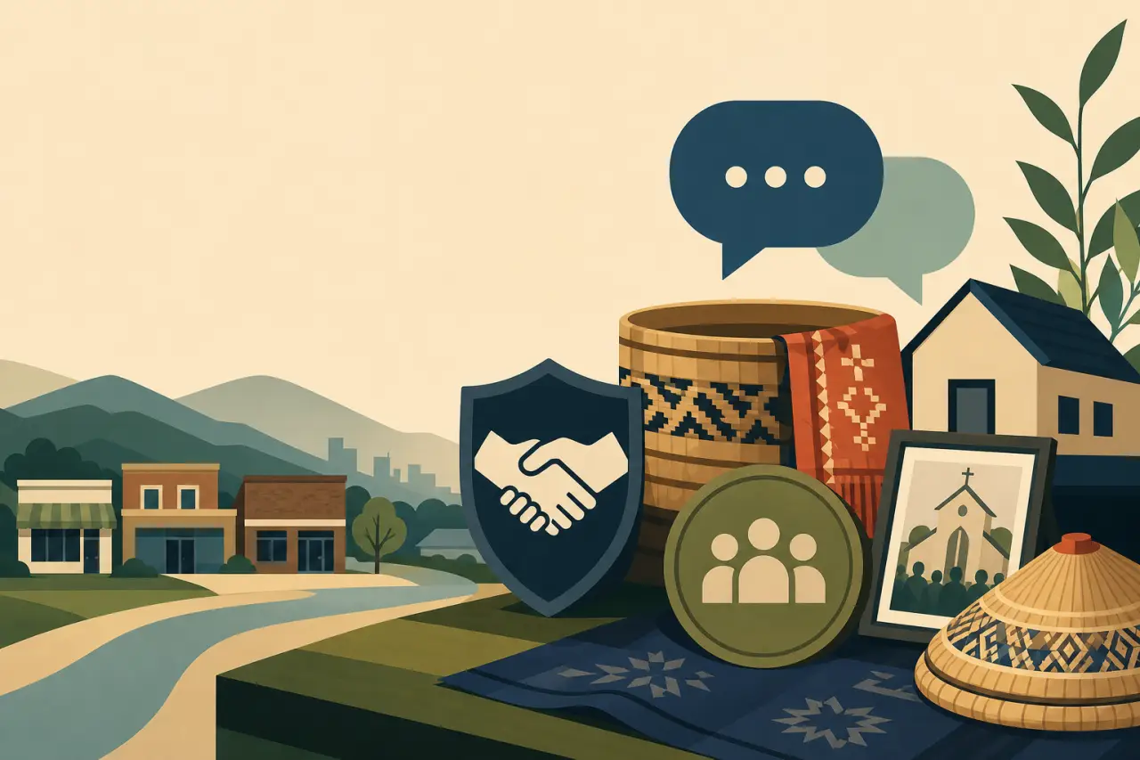 Illustrated banner combining a small-town main street, mountains, and river with symbolic icons—handshake shield, chat bubbles, community figures, a w