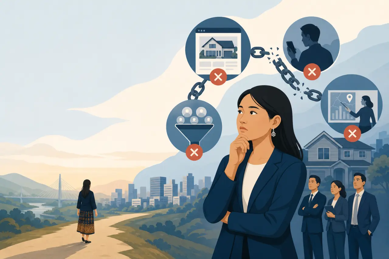 A thoughtful woman in a blazer stands before broken chain icons symbolizing disconnected marketing tools, illustrating challenges in Hmong realtor SEO